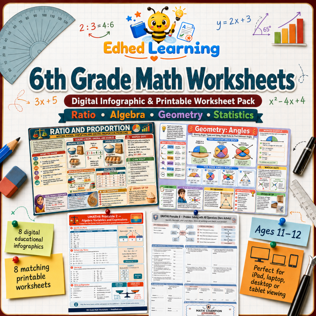 6th Grade Math Worksheets digital course with 8 infographics and 8 printable worksheets for ages 11 to 12