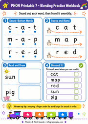 Phonics printable worksheet for blending practice with letters and words.