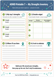 ADHD Printable strengths inventory worksheet with a blue border and star graphics.