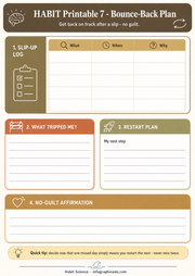 Habit printable planner titled 'Bounce-Back Plan' with sections for slip-up log, what tripped me, restart plan, and no-guilt affirmation.