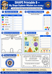 Shape Explorer Mission activity sheet with various shape-related tasks and a certificate.