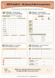 Sensory profile and overwhelm planner with various sections on a white background