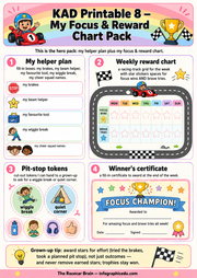 KAD Printable 8 focus and reward chart pack with colorful design and racing theme.