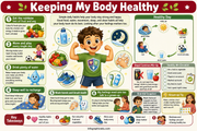 Educational poster on keeping the body healthy with a cartoon boy and various health tips.