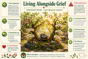 Educational poster about living alongside grief with a scenic background of a jar with a tree inside.