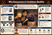 Educational infographic about reassurance and avoidance backfiring on OCD, featuring a character with a creature and text.