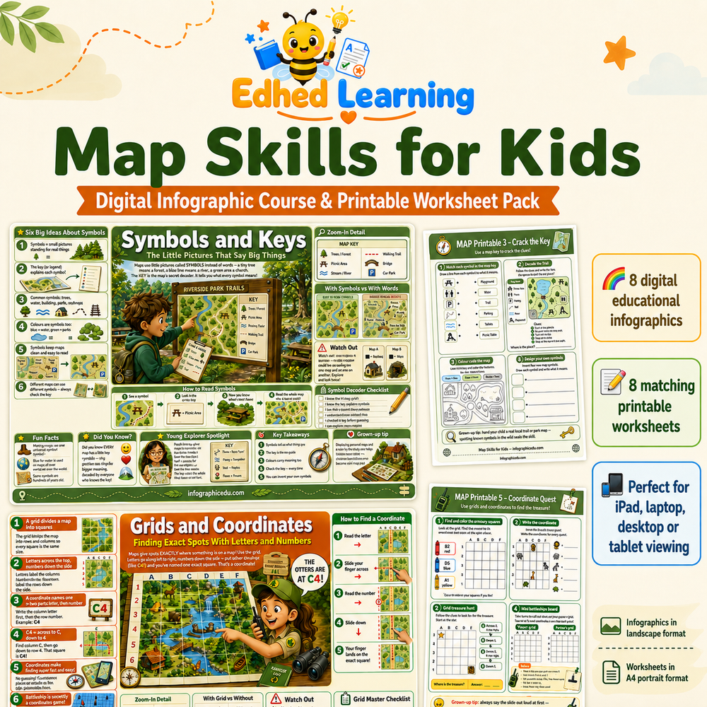 Promotional graphic for the Edhed Learning 'Map Skills for Kids' digital infographic course and printable worksheet pack, showing sample educational worksheets and feature callouts on a white background.