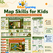 Promotional graphic for the Edhed Learning 'Map Skills for Kids' digital infographic course and printable worksheet pack, showing sample educational worksheets and feature callouts on a white background.