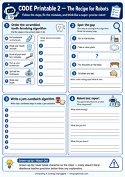 Educational worksheet for coding and robotics with tasks and questions.