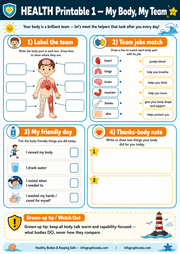 Health educational worksheet for children labeled 'My Body, My Team' with body parts and activities.