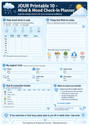 Printable planner for mind and mood check-in with various sections and icons.