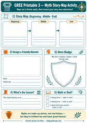 GREE Myth Story Map Activity sheet with various sections for a Greek myth project.