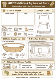 Educational worksheet about a day in ancient Greece with activities like sorting, designing, and drawing.
