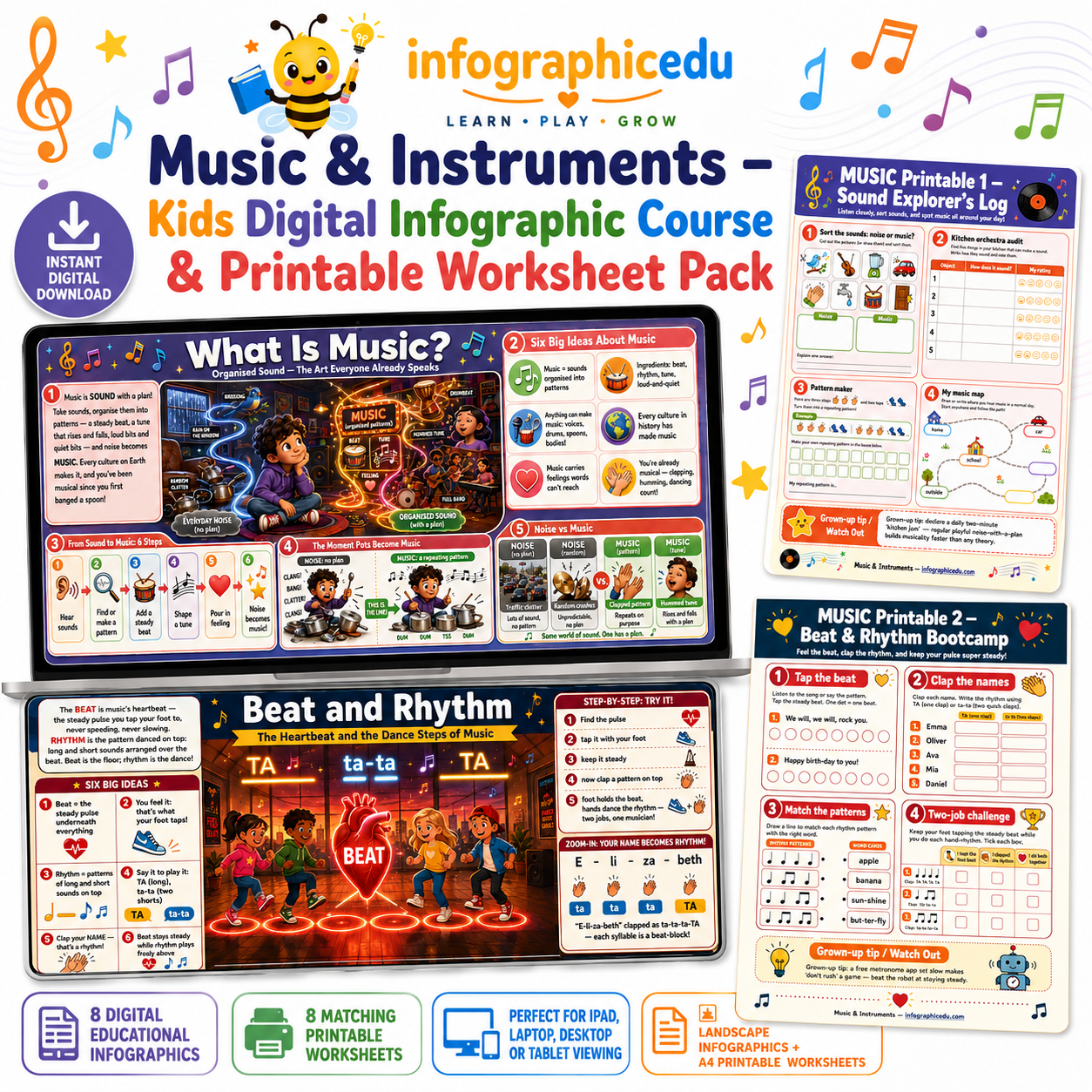 Music & Instruments for Kids digital infographic course and printable worksheet pack cover from Infographic EDU