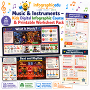Music & Instruments for Kids digital infographic course and printable worksheet pack cover from Infographic EDU