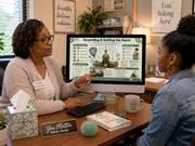 Two women in a professional setting with a computer screen displaying a mental health resource.