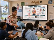 Teacher using a digital whiteboard in a classroom with students on tablets.