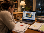 Person sitting at a desk with a laptop, books, and a mug in a home setting.