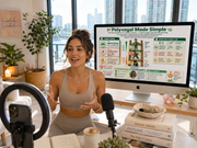 Woman in a home office setting with a computer screen displaying educational content.
