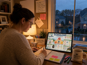 Person working at a desk with a laptop and notebook, near a window with a view of houses.