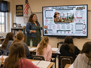 Teacher presenting to students in a classroom with a large screen displaying educational content.
