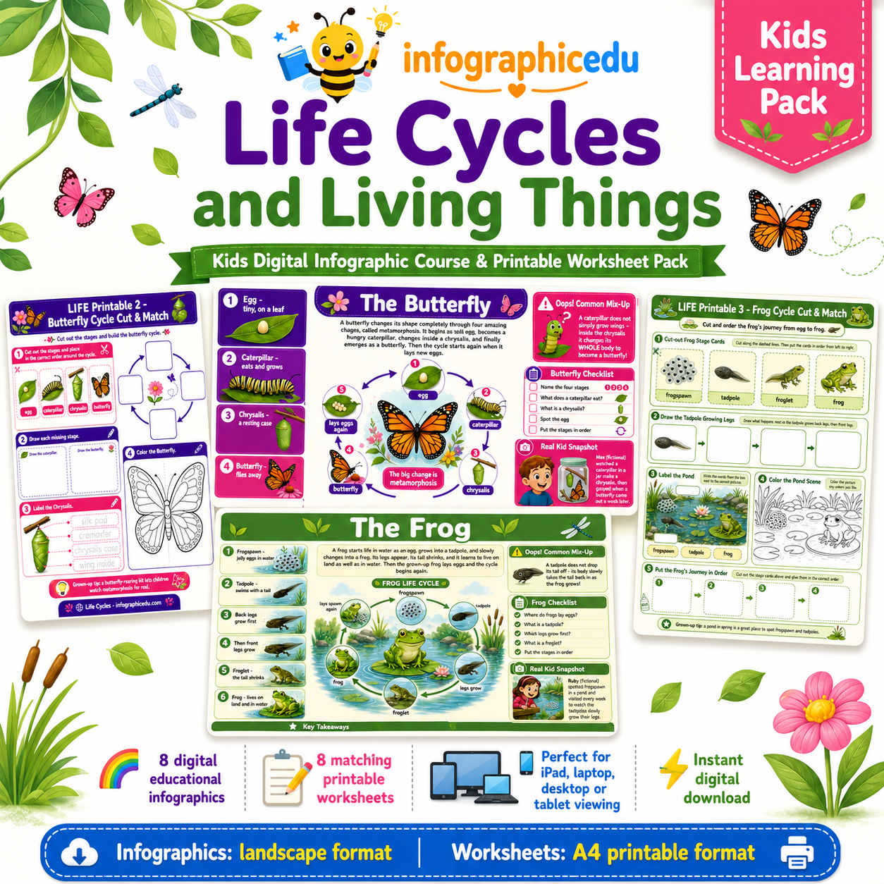 Life Cycles & Living Things – Kids Digital Infographic Course & Printable Worksheet Pack