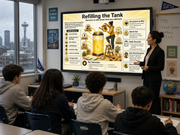 Teacher presenting to students in a classroom with a large screen displaying a presentation slide.