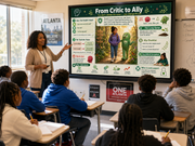 Teacher pointing to a large screen displaying educational content in a classroom setting.
