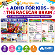 Kids ADHD Racecar Brain digital infographic course and printable worksheet pack cover