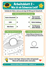 Deutsches Arbeitsblatt 2 über Schwarze Löcher mit Zuordnungs-, Ausmal- und Zeichenaufgaben.