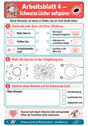 Deutsches Arbeitsblatt 4: Hinweise auf Schwarze Löcher verbinden, ausmalen und zeichnen.