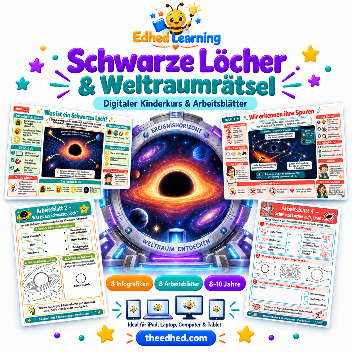 Schwarze Löcher und Weltraumrätsel: deutscher Kinderkurs von Edhed Learning mit 8 Infografiken und 8 Arbeitsblättern für 8–10 Jahre.