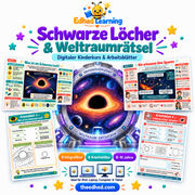 Schwarze Löcher und Weltraumrätsel: deutscher Kinderkurs von Edhed Learning mit 8 Infografiken und 8 Arbeitsblättern für 8–10 Jahre.