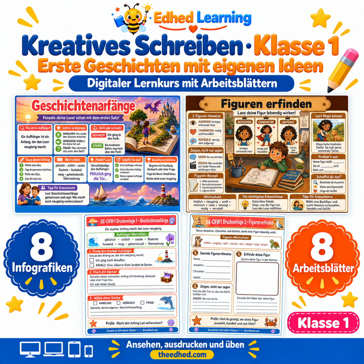 Kreatives Schreiben · Klasse 1 – Edhed Learning, 8 Infografiken und 8 Arbeitsblätter