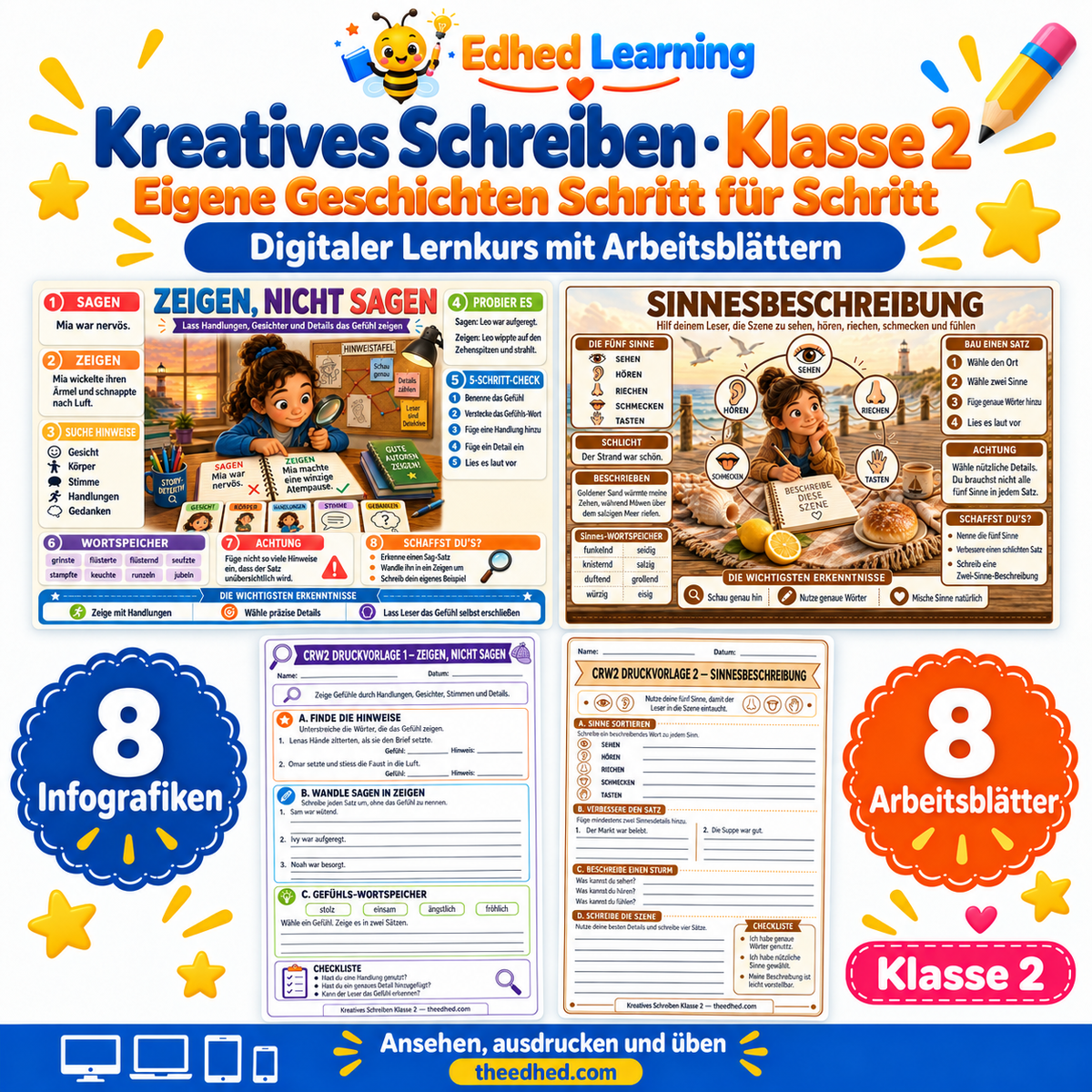 Kreatives Schreiben · Klasse 2 – Edhed Learning, 8 Infografiken und 8 Arbeitsblätter