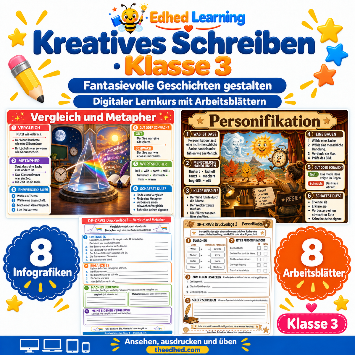 Kreatives Schreiben · Klasse 3 – Edhed Learning, 8 Infografiken und 8 Arbeitsblätter