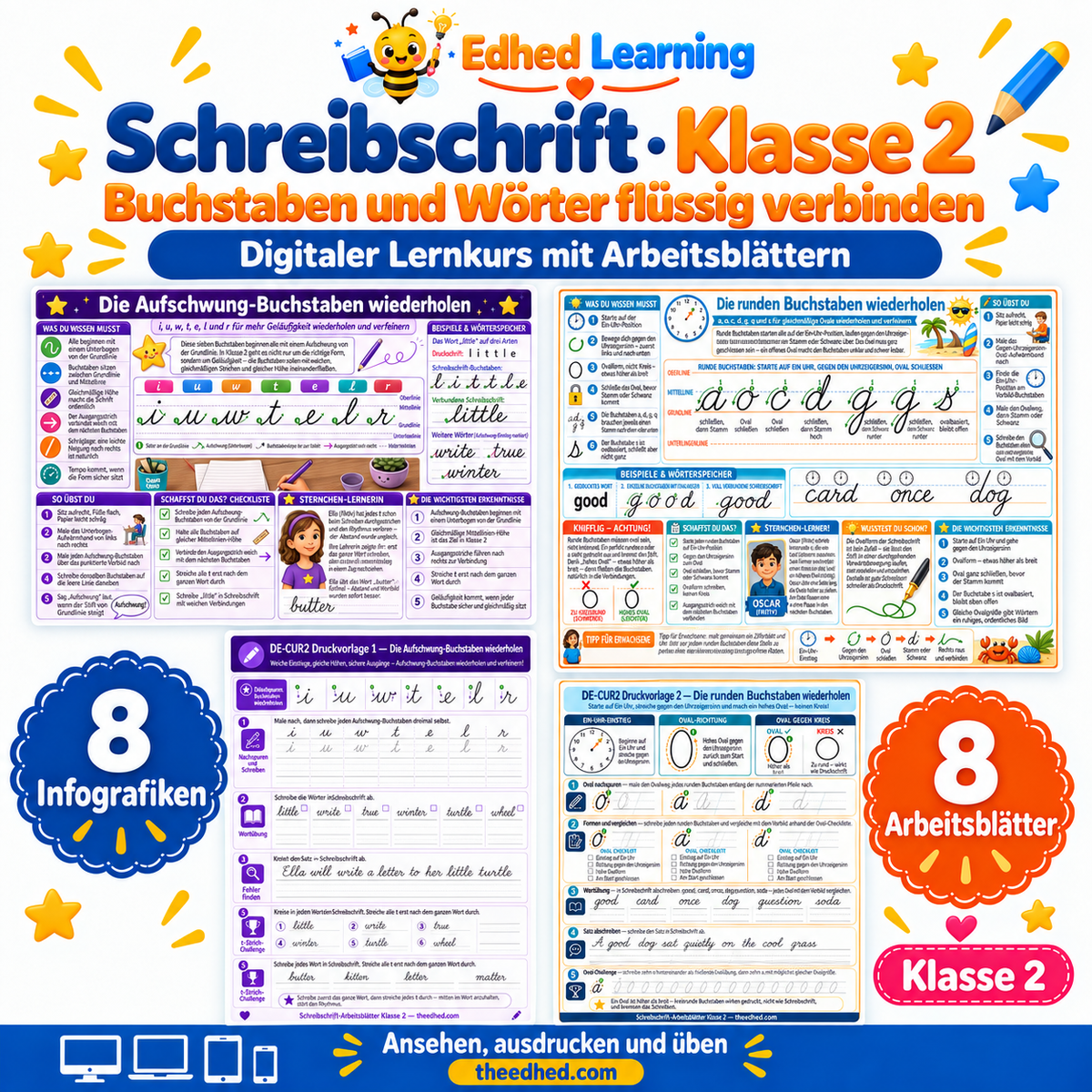 Schreibschrift · Klasse 2 – Edhed Learning, 8 Infografiken und 8 Arbeitsblätter