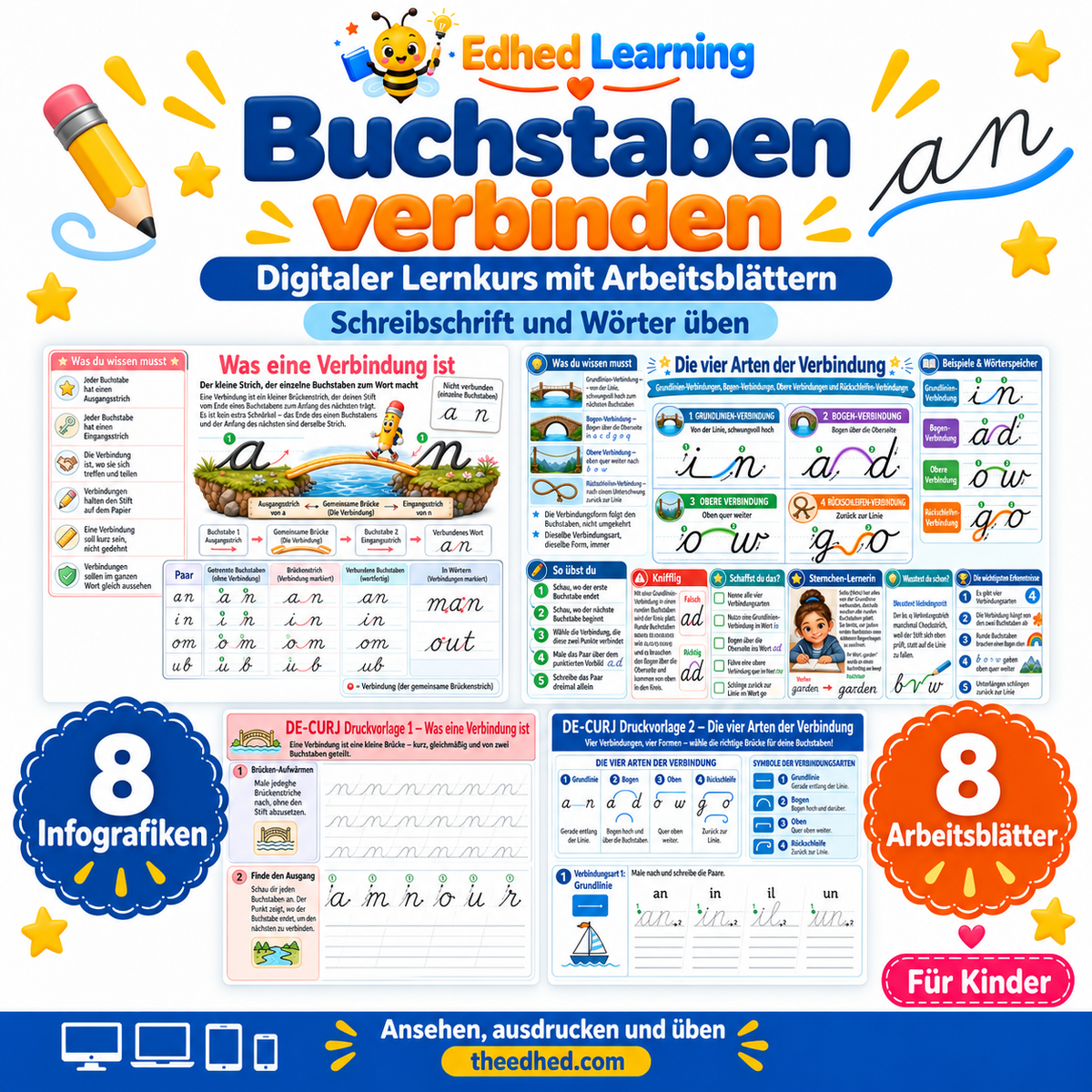 Buchstaben verbinden – Edhed Learning, 8 Infografiken und 8 Arbeitsblätter