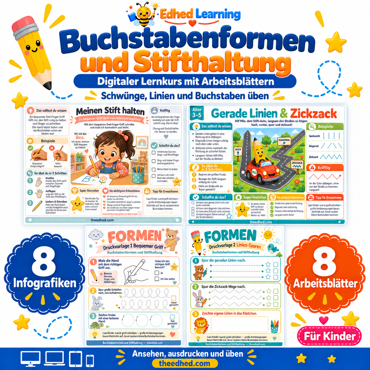 Buchstabenformen und Stifthaltung – Edhed Learning, 8 Infografiken und 8 Arbeitsblätter