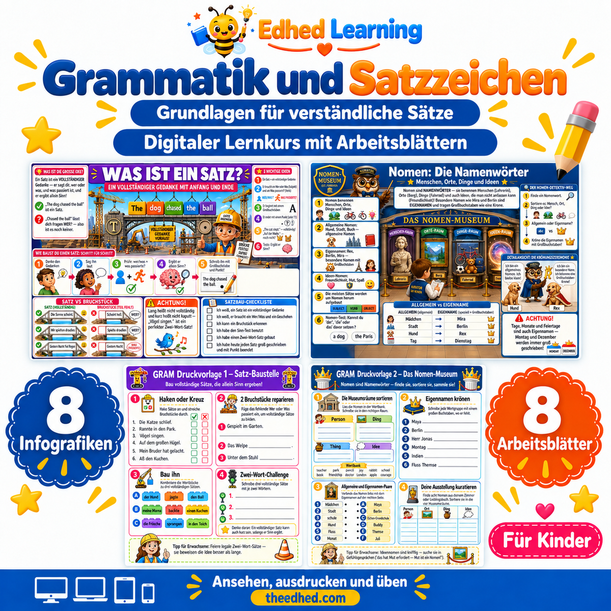 Grammatik und Satzzeichen – Edhed Learning, 8 Infografiken und 8 Arbeitsblätter