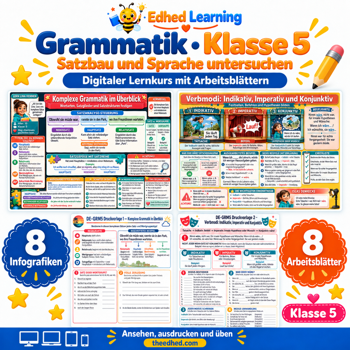 Grammatik · Klasse 5 – Edhed Learning, 8 Infografiken und 8 Arbeitsblätter