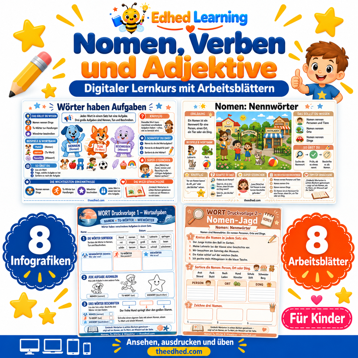 Nomen, Verben und Adjektive – Edhed Learning, 8 Infografiken und 8 Arbeitsblätter