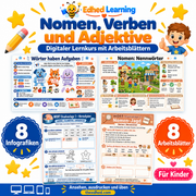 Nomen, Verben und Adjektive – Edhed Learning, 8 Infografiken und 8 Arbeitsblätter