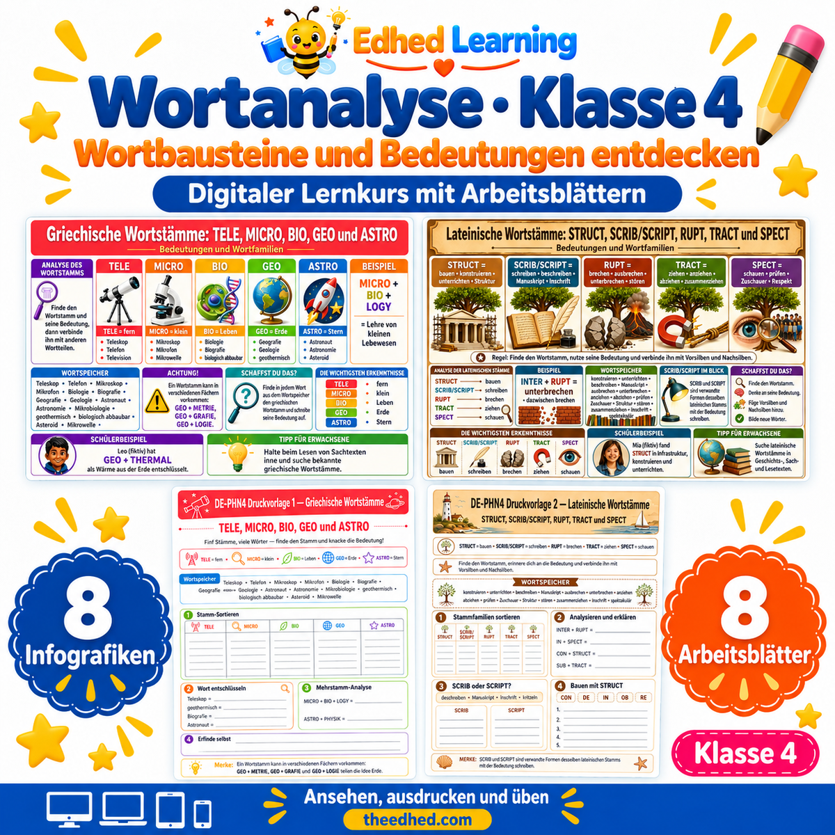 Wortanalyse · Klasse 4 – Edhed Learning, 8 Infografiken und 8 Arbeitsblätter