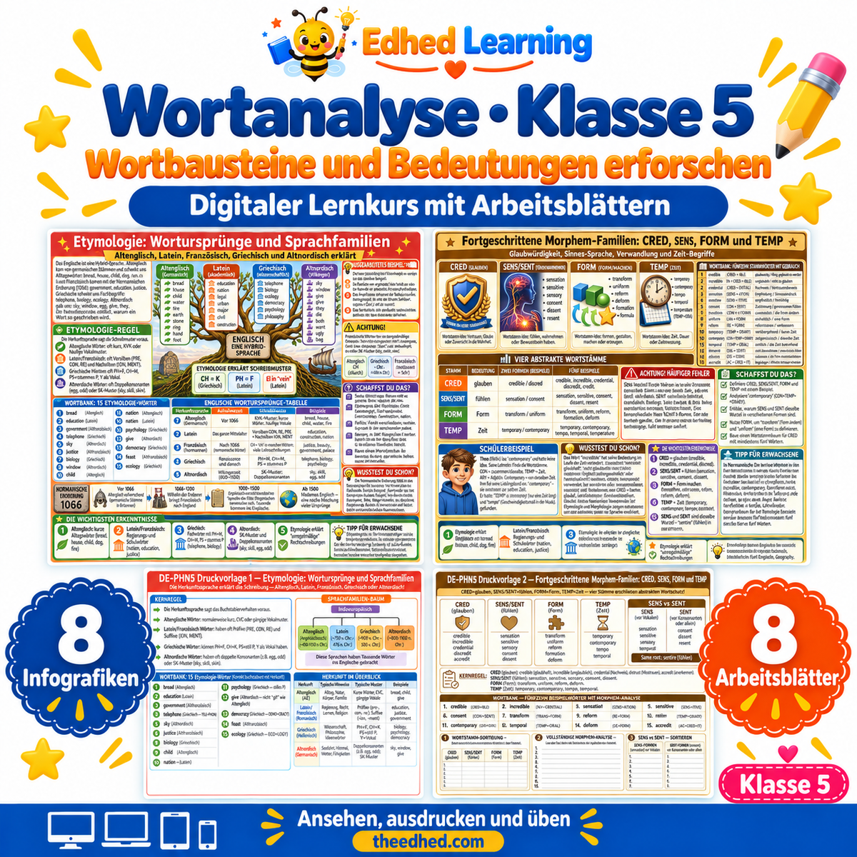 Wortanalyse · Klasse 5 – Edhed Learning, 8 Infografiken und 8 Arbeitsblätter