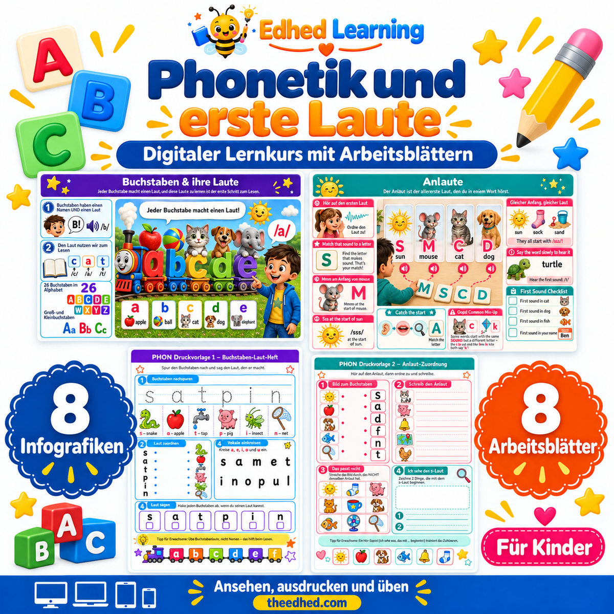 Phonetik und erste Laute – Edhed Learning, 8 Infografiken und 8 Arbeitsblätter