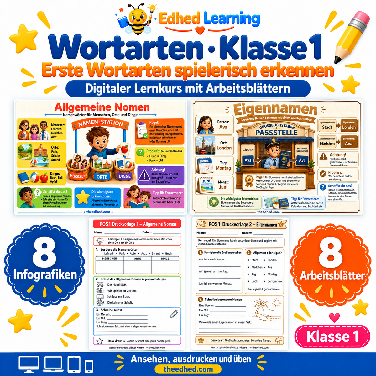 Wortarten · Klasse 1 – Edhed Learning, 8 Infografiken und 8 Arbeitsblätter