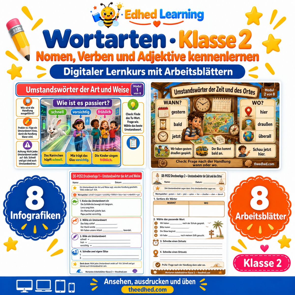 Wortarten · Klasse 2 – Edhed Learning, 8 Infografiken und 8 Arbeitsblätter