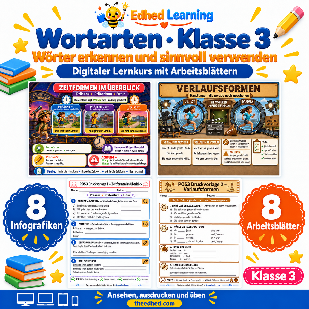 Wortarten · Klasse 3 – Edhed Learning, 8 Infografiken und 8 Arbeitsblätter