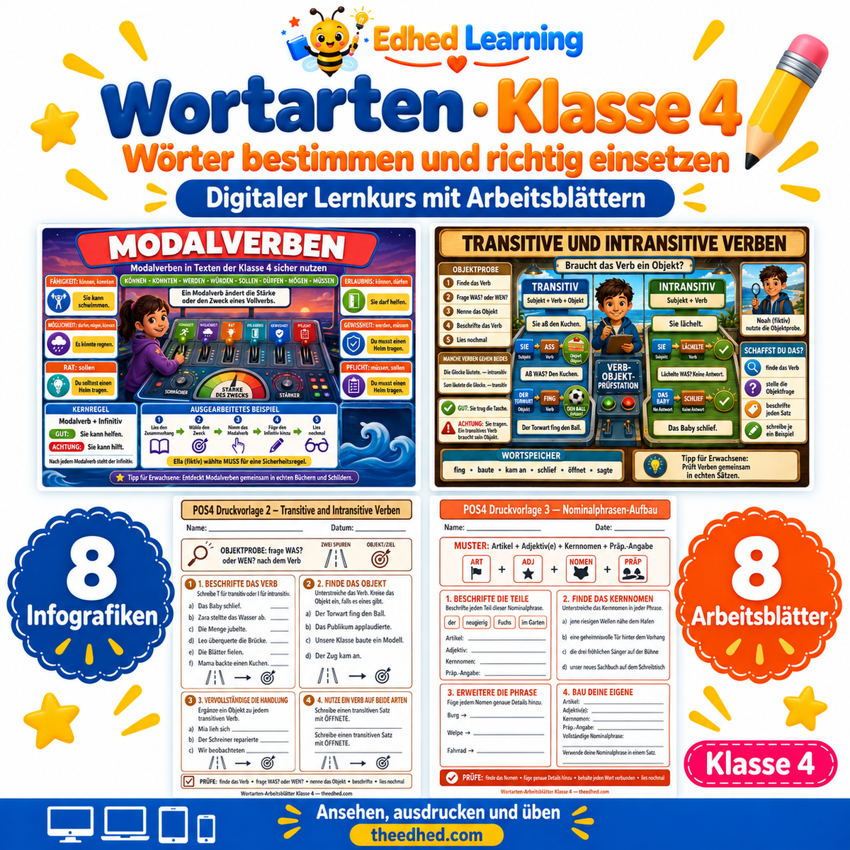 Wortarten · Klasse 4 – Edhed Learning, 8 Infografiken und 8 Arbeitsblätter